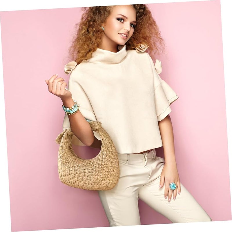 Natural Straw Handbag Women Woven Beach Bag Summer Travel Toiletry Purse - Image 4